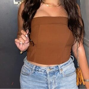 With Jean Brown Strapless Crop Top